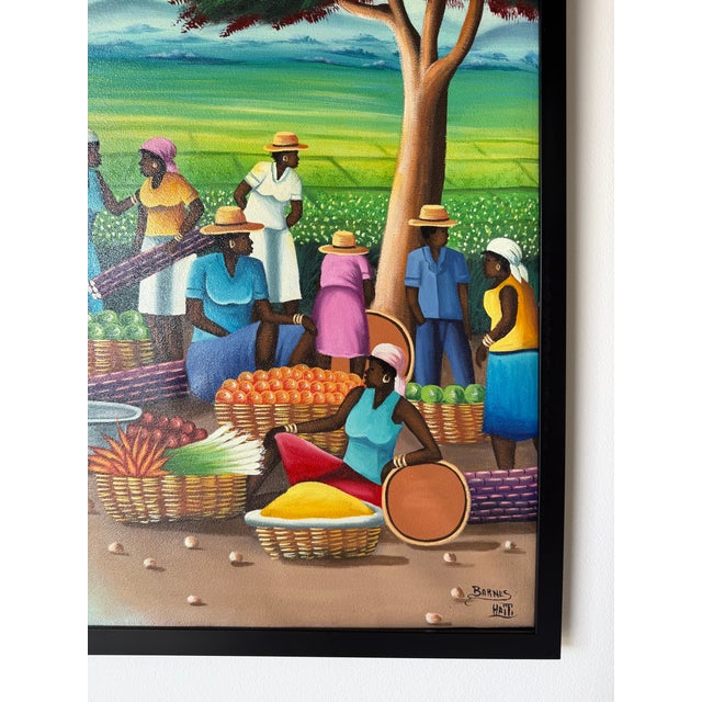 Vintage Barnes Folk Art Market Scene Oil on Canvas Painting – Framed For Sale - Image 10 of 14