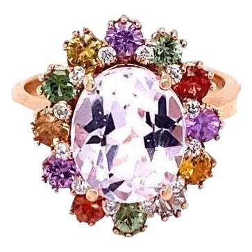 5.60 Carat Kunzite Sapphire Diamond 14 Karat Rose Gold Cocktail Ring, Size 7 For Sale