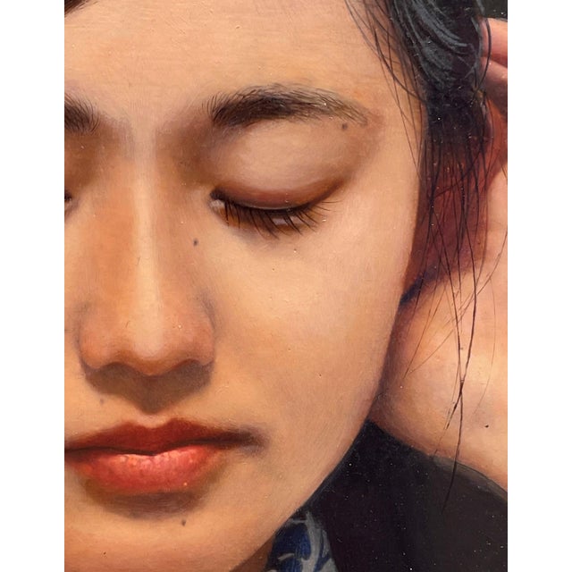 Figurative The Sound of Prayer by Kazuya Ushioda | Oil on Panel Portrait of a woman in traditional clothing. For Sale - Image 3 of 5
