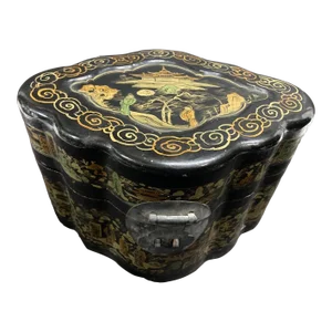 Antique Chinese Black Lacquer Gilt Painted Covered Tea Box 1940s