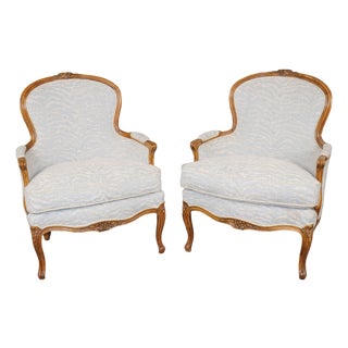 1960's Pair Louis XV Style Upholstered Bergere Chairs For Sale