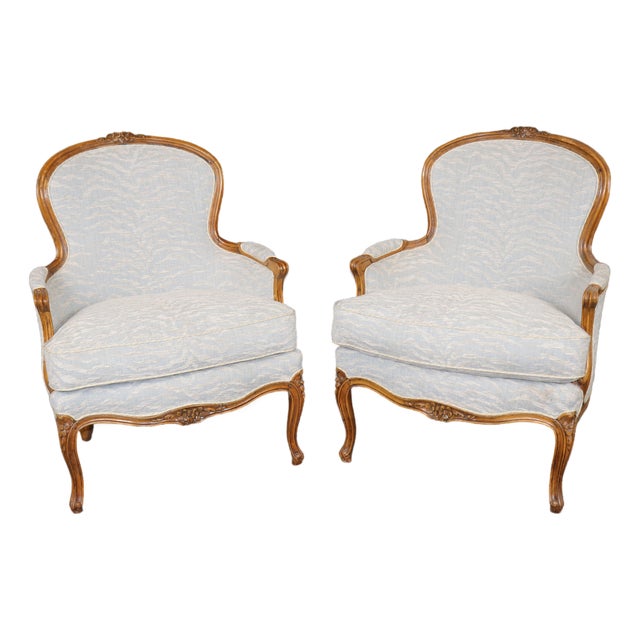 1960's Pair Louis XV Style Upholstered Bergere Chairs For Sale