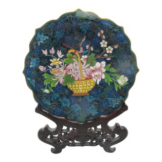 Chinese Cloisonne Flower Basket Design Decorative Plate Custom Wood Stand For Sale