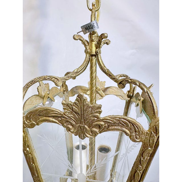 Metal Vintage Bronze Lantern With Etched Glass Panels For Sale - Image 7 of 7