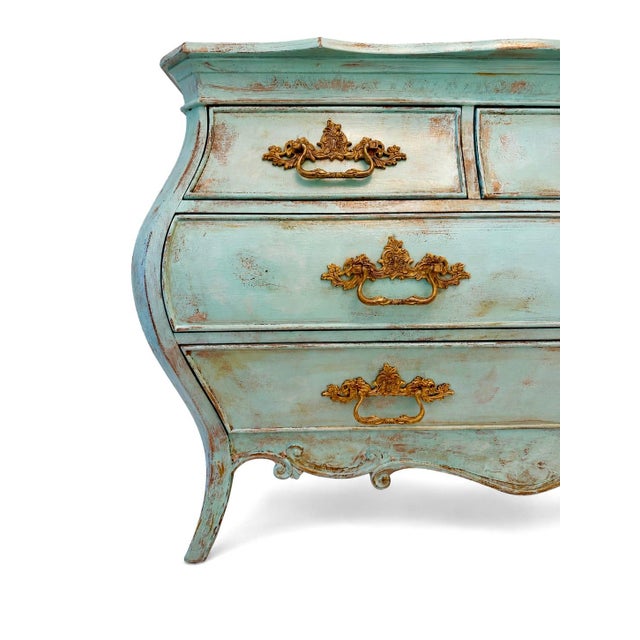 Metal Hooker Furniture Turquoise Bombe Dresser – Hand Finished 7 Drawer French Provincial Chest, Ornate Gold Hardware For Sale - Image 7 of 11