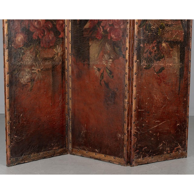 Ruby Red Vintage Spanish Baroque Painted Leather Folding Screen For Sale - Image 8 of 12