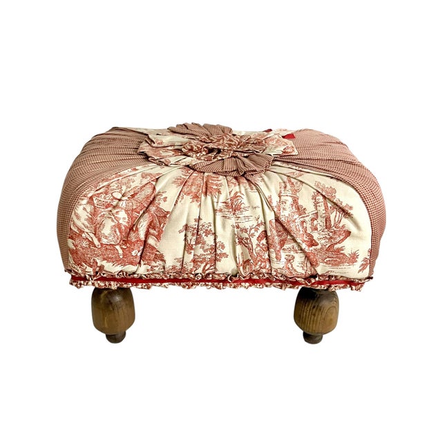 Charming vintage French provincial style footstool upholstered in a beautiful red toile with an unusual gathered and...