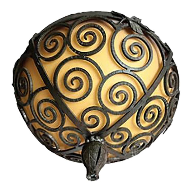 Art Deco Wrought Iron Ceiling Light-Edgar Brandt Style-Amber Glass -17 Inch For Sale