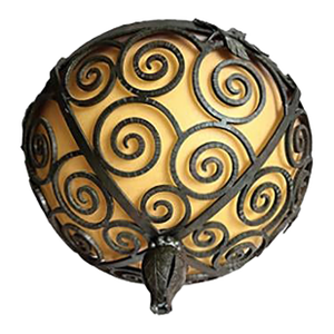 Art Deco Wrought Iron Ceiling Light-Edgar Brandt Style-Amber Glass -17 Inch
