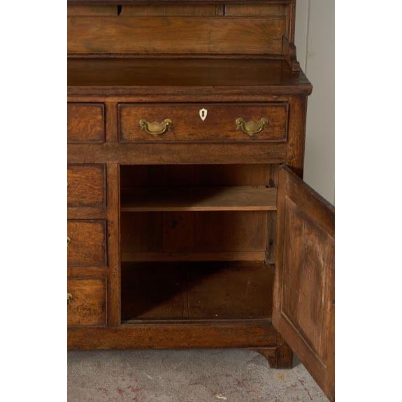 English 18th Century Oak Buffet + Plate Rack With Brass Hardware and Inlay Keyholes For Sale - Image 3 of 10