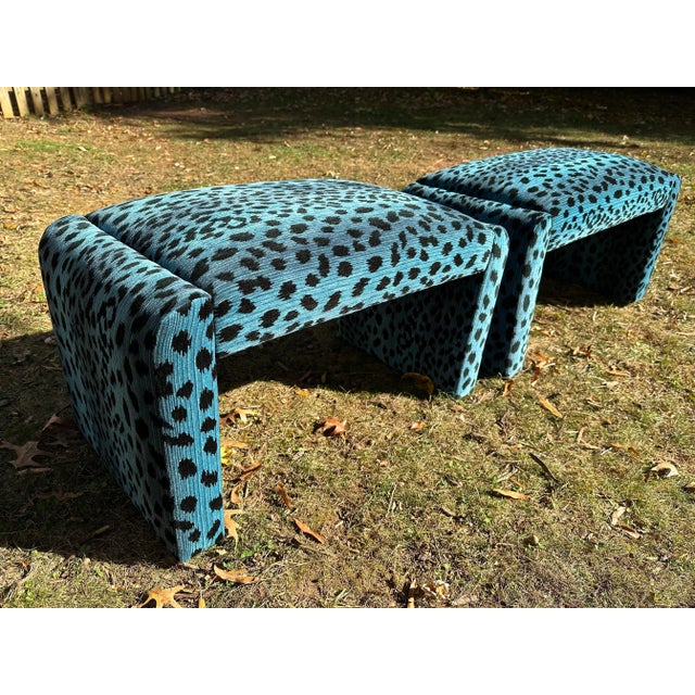 1980s Vintage Leopard Waterfall Stools Reupholstered With Blue Leopard by Lillian August for Hickory White Fabric - Set of 2 For Sale - Image 4 of 12
