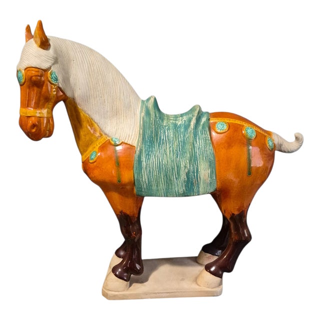 Vintage Asian Pottery Hand Painted Tang Sancai Glazed Horse Statue For Sale - Image 12 of 12