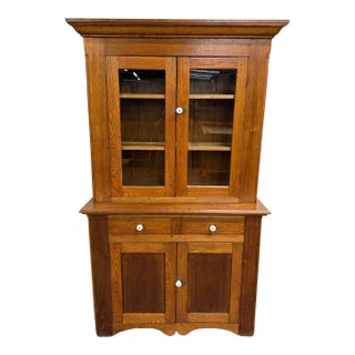 Antique American Primitive Farmhouse Solid Oak Step Back Cupboard For Sale