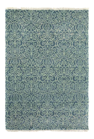 1990s Shabby Chic Kafkaz Light Blue& Green Wool Rug - 5'1 X 6'9