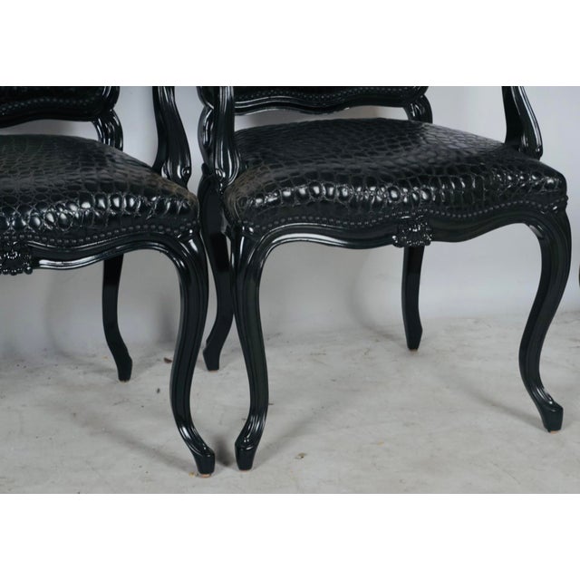 French Provincial Black Faux Crocodile & Glossy Black Louis XV Style Armchairs — A Pair For Sale - Image 3 of 10