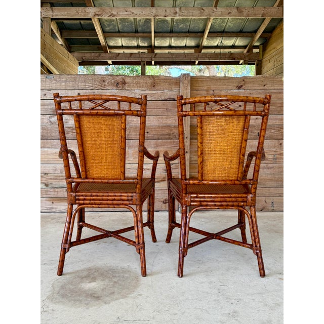 Bloomingdale's Vintage British Colonial Style Tortoise Rattan Cane Captain’s Chairs – Pair For Sale - Image 4 of 12