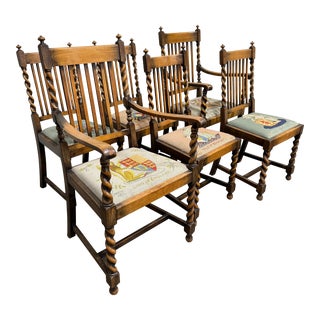Antique English Oak Barley Twist Dining Chairs With Needlepoint - a Set 6 For Sale