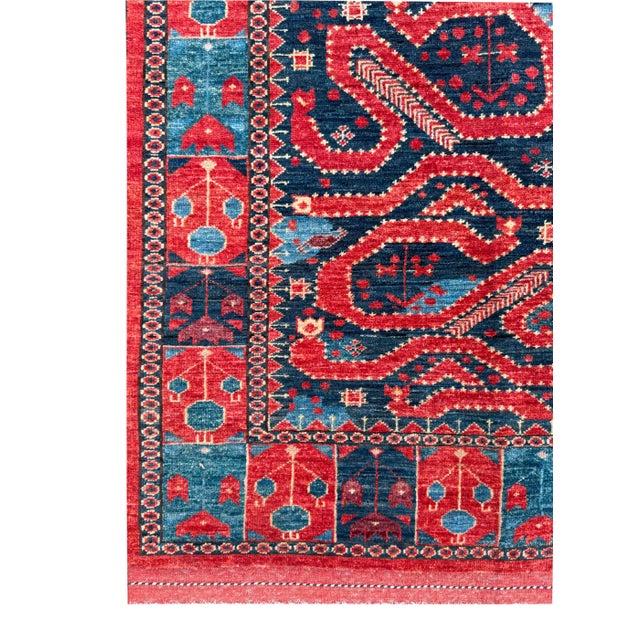 Late 20th Century Hand-Knotted Paisley Tribal Rug – Bold Red & Navy Pattern – 317x250 Cm For Sale - Image 6 of 18