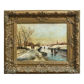 B. Van Rijn, Winter Landscape with Figures on Frozen River, Oil on Wood Panel, Framed For Sale