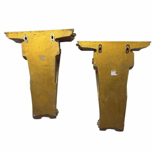 Vintage monumental gilt acanthus decorative display wall brackets. Each measures 13” w x 6.5” d x 17” h.