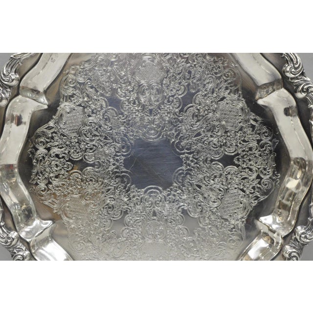 Mid 20th Century "La Reine" by Wallace Round Scalloped Footed Silver Plated Serving Platter Tray For Sale - Image 4 of 11