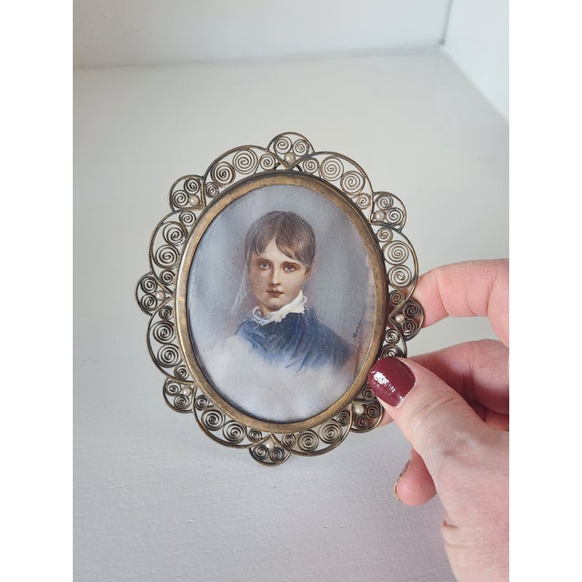 Gemstone Antique Painting Portrait Encased in Fillagree Frame With Pearl Embellishments For Sale - Image 7 of 10