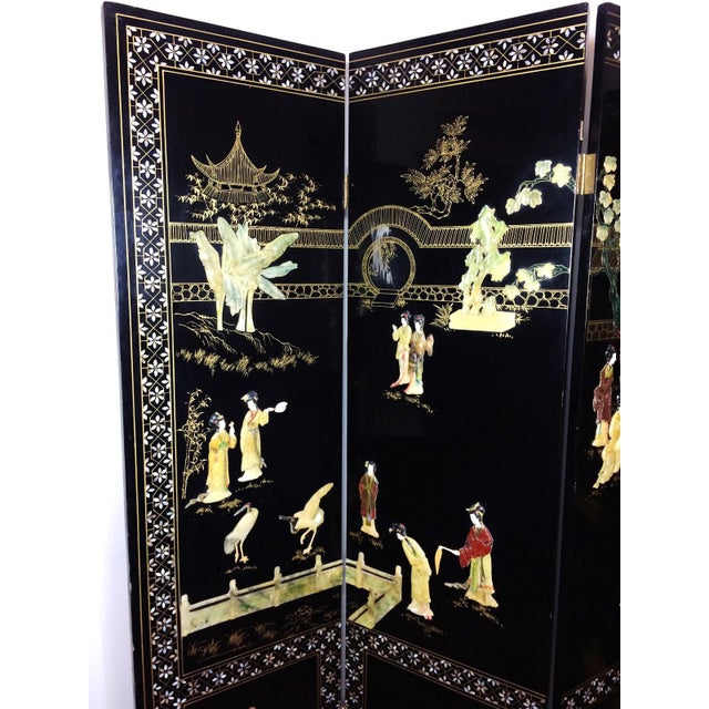 Vintage Chinese Carved Stone Jade Lacquer 4 Panel Dressing Screen Room