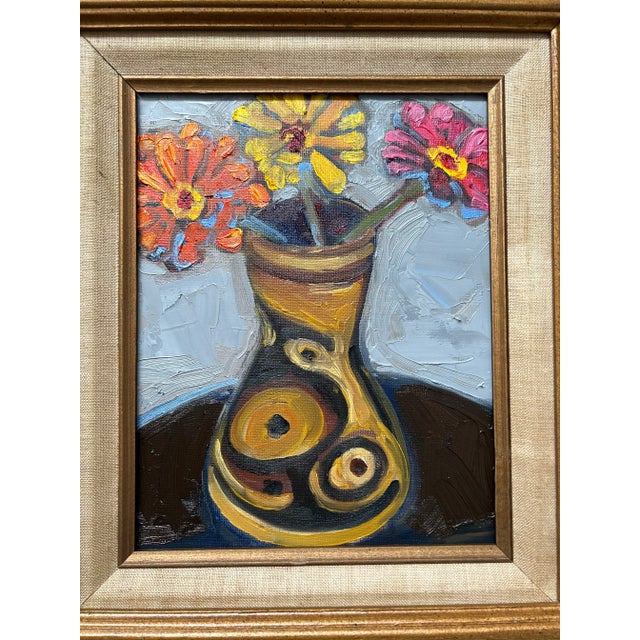 Original 8 x 10 painting on canvas board signed bottom right Overall size with vintage frame with aged linen liner is 18 x 20