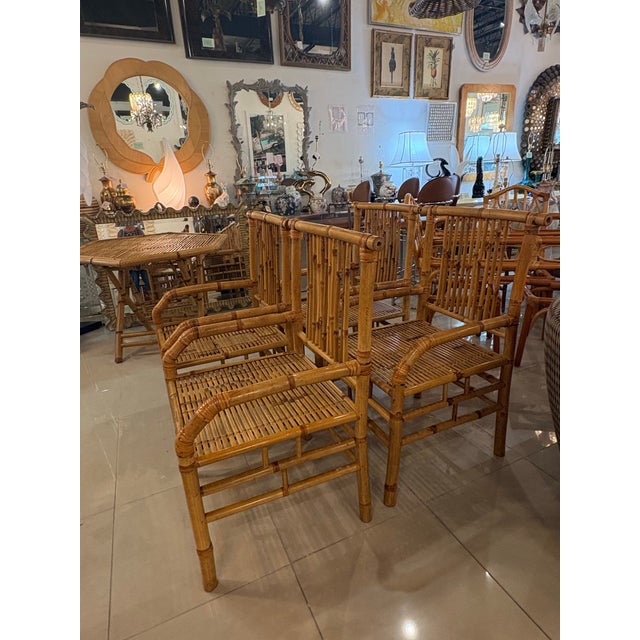 Vintage Bamboo Rattan Reed Dining Game Table & 4 Dining Arm Chairs For Sale In West Palm - Image 6 of 12