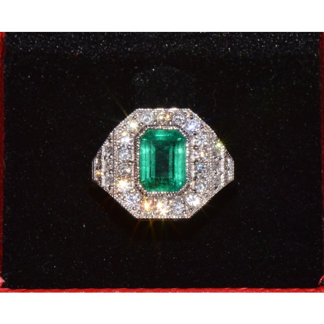 Gia Certified 3.98ct Natural Zambian Emerald & Diamond Tiered Halo Milgrain 18k White Gold Ring, Size 6.5 For Sale - Image 14 of 16