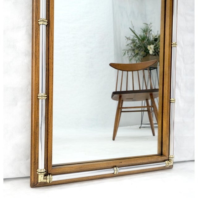 Brown Pair of c1970s Mid Century Faux Bamboo Crome & Burl Rectangle Wall Mirrors MINT For Sale - Image 8 of 16