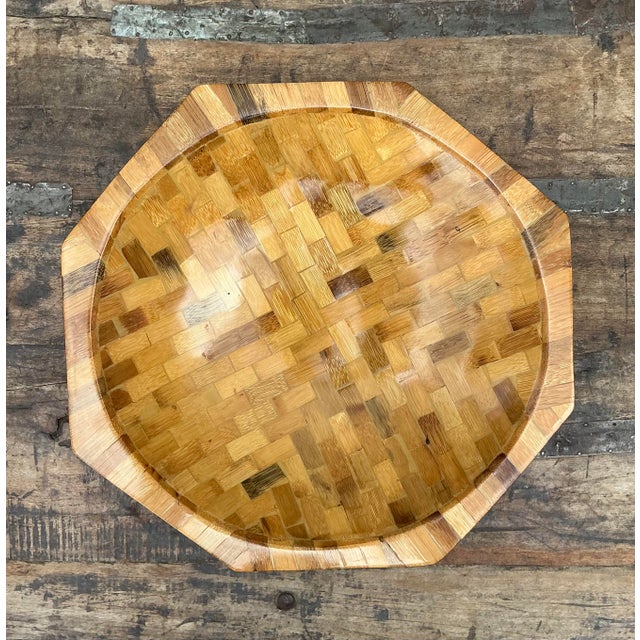 Mid-Century Modern Vintage Parquet Rattan Wood Bowl For Sale - Image 3 of 12