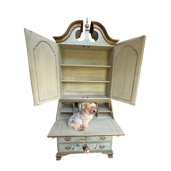 Custom Chinoiserie Style Shadow Sage Green Floral Hand Painted Secretary Desk For Sale In New York - Image 6 of 18