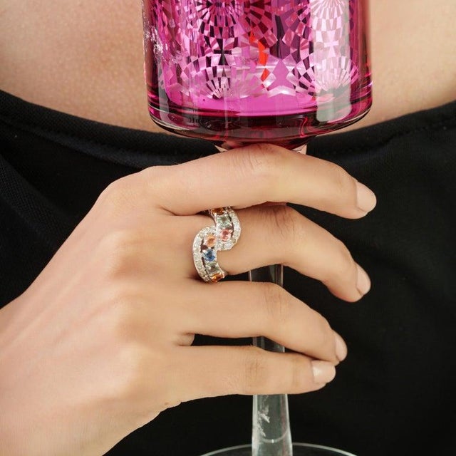 Gemstone 925 Sterling Silver Open Wrap Ring With Multi-Sapphires & Diamonds, Size 6 For Sale - Image 7 of 15