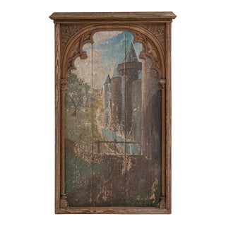 1928 French Gothic Revival Painting with Architectural Frame For Sale