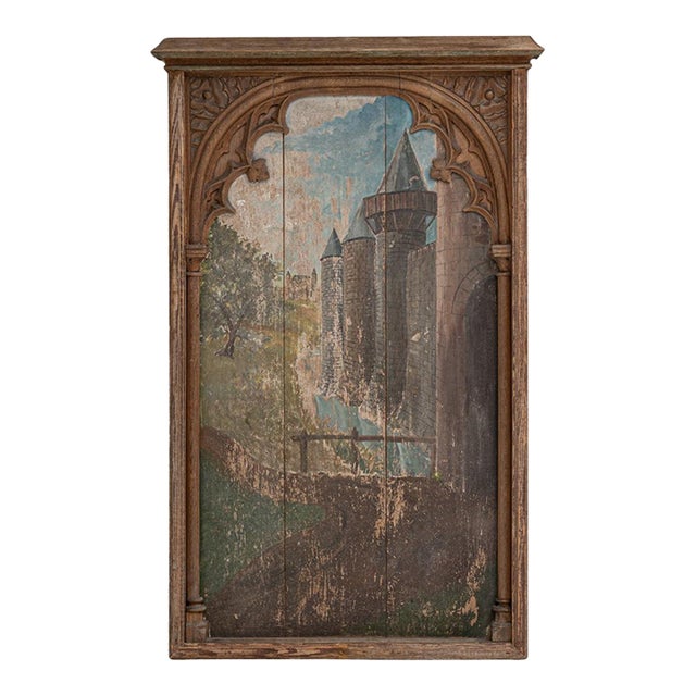 1928 French Gothic Revival Painting with Architectural Frame For Sale