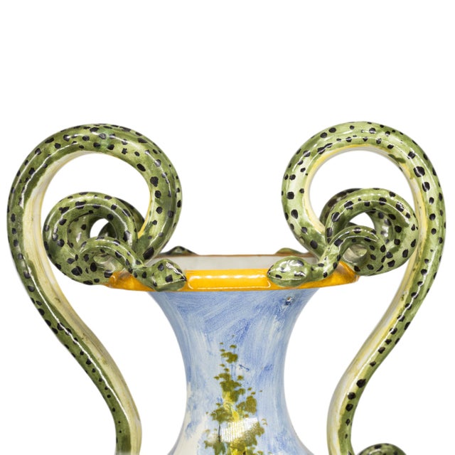 Pair of Italian Maiolica Vases, Coiled Snake Handles, Ca. 1880 For Sale - Image 6 of 10