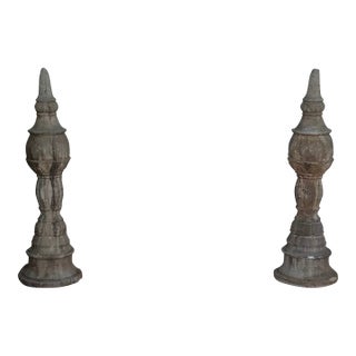 Pair of 36” Vintage Weathered Cast Stone Architectural Garden Finials For Sale