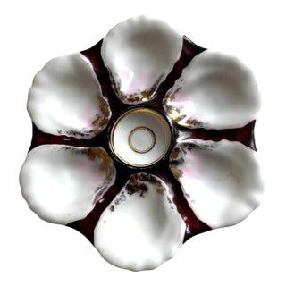 Antique Oyster Plate – Burgundy & Gold Highlights, Scalloped Six-Well Design, C. 1880–1910 For Sale