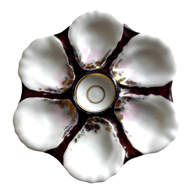 Antique Oyster Plate – Burgundy & Gold Highlights, Scalloped Six-Well Design, C. 1880–1910 For Sale