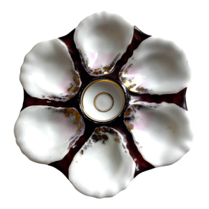 Antique Oyster Plate – Burgundy & Gold Highlights, Scalloped Six-Well Design, C. 1880–1910