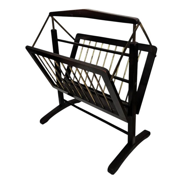 Mid-Century Italian Brass and Wood Folding Folio Stand Magazine Rack, 1960s For Sale