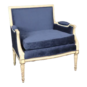 Maison Jansen Style Louis XVI Creme Painted Royal Blue Bergere Marquis Chair