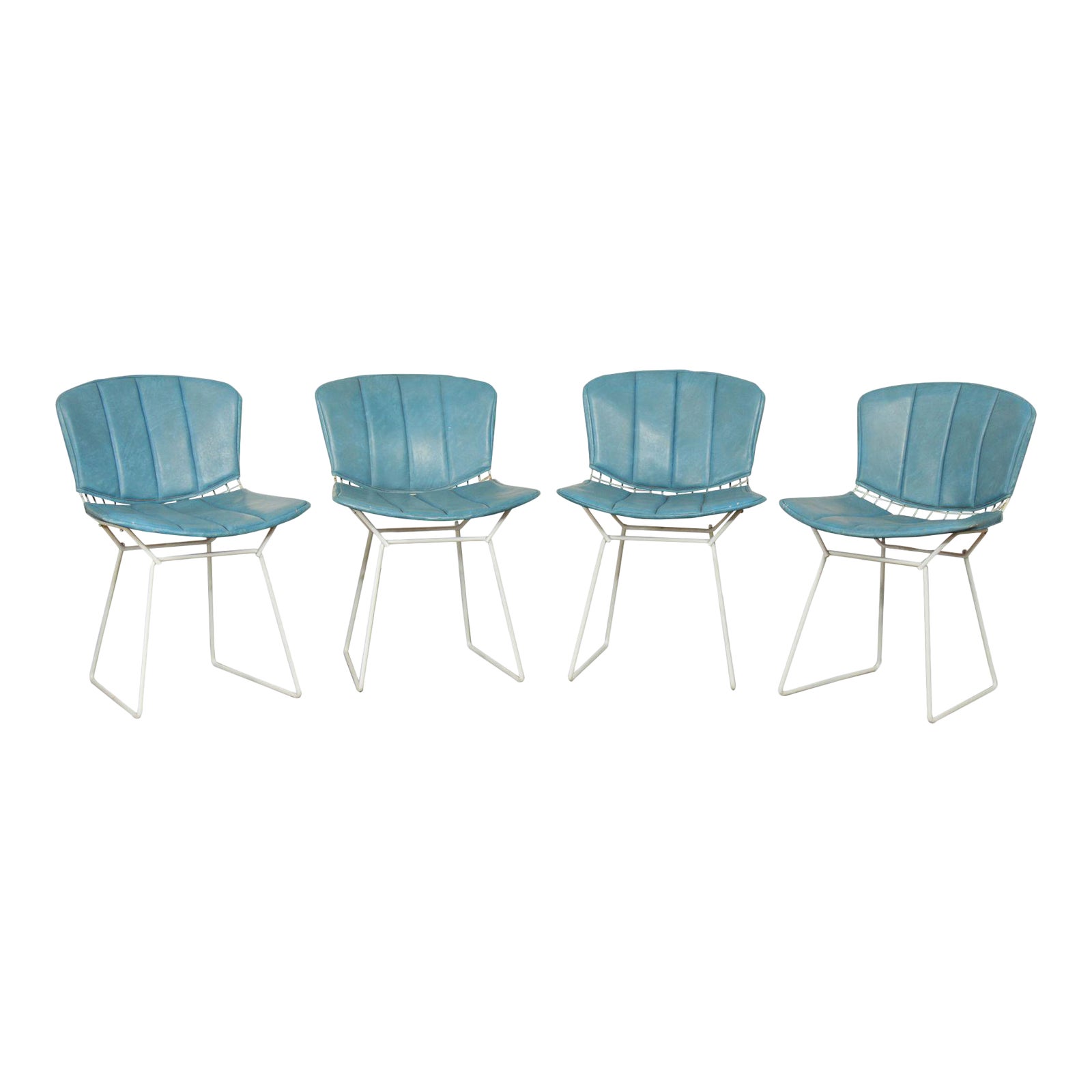 Knoll Bertoia Set 4 White Wire Dining Chairs Blue Cushions Chairish