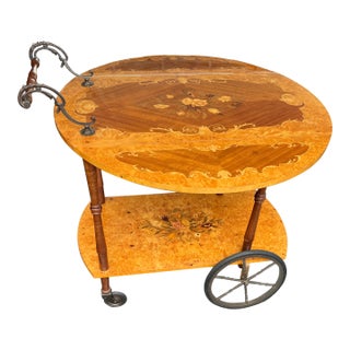 Vintage Italian Marquetry Two Tier Drop-Leaf Dessert/Bar Cart Trolley, Tea Cart For Sale