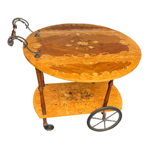 Vintage Italian Marquetry Two Tier Drop-Leaf Dessert/Bar Cart Trolley, Tea Cart