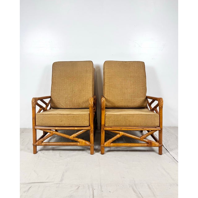 1970s Vintage Rattan Chinese Chippendale Lounge Chairs- A Pair For Sale - Image 5 of 12