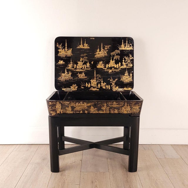 A Chinese export work box on later custom stand, 19th century.