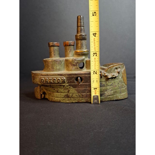 Antique Cast Iron Battleship Oregon Still Penny Bank J&e Stevens Green Paint 1898 For Sale - Image 12 of 14