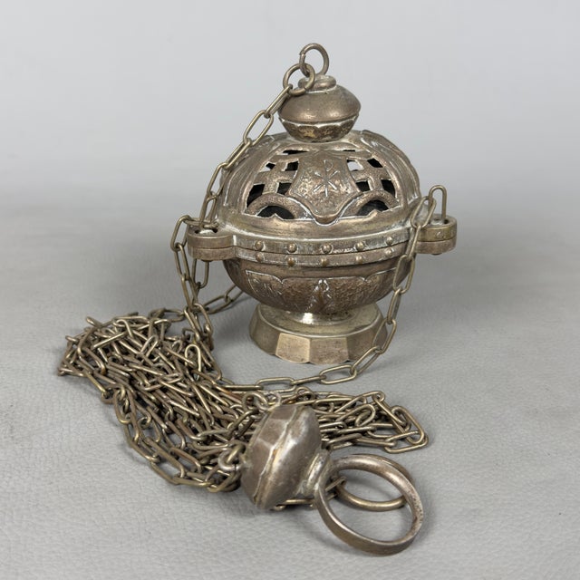 Antique Handcrafted Embossed Brass Thurible Sacred Censer, Early 1900s For Sale - Image 5 of 12